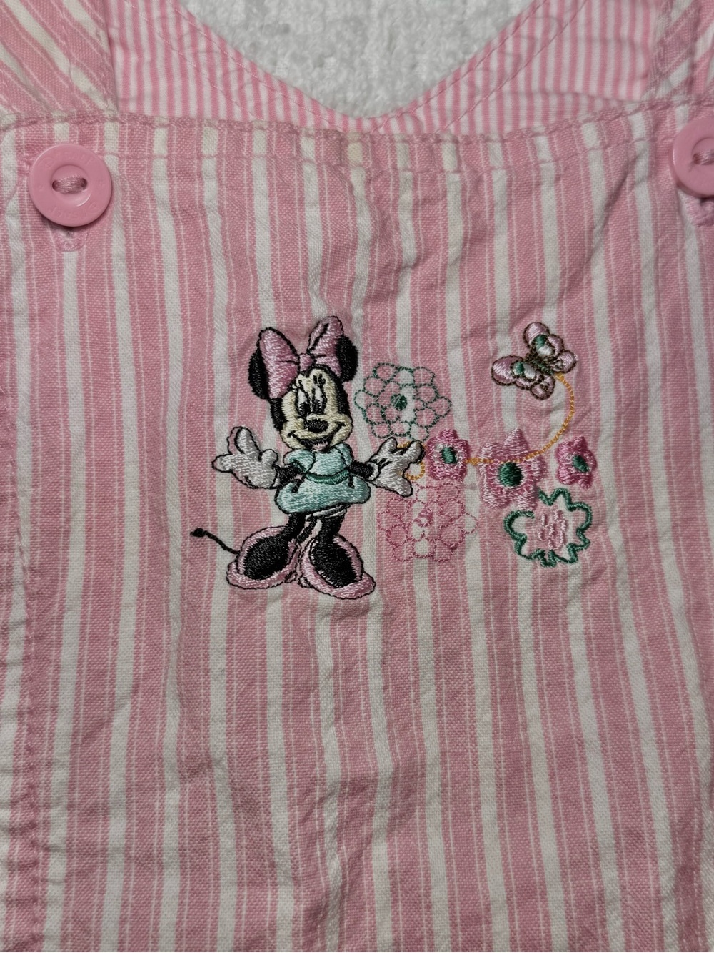 Y2K Disney Baby Minnie Mouse Pink Striped Girls Overalls Pinafore Dress 6-9m EUC